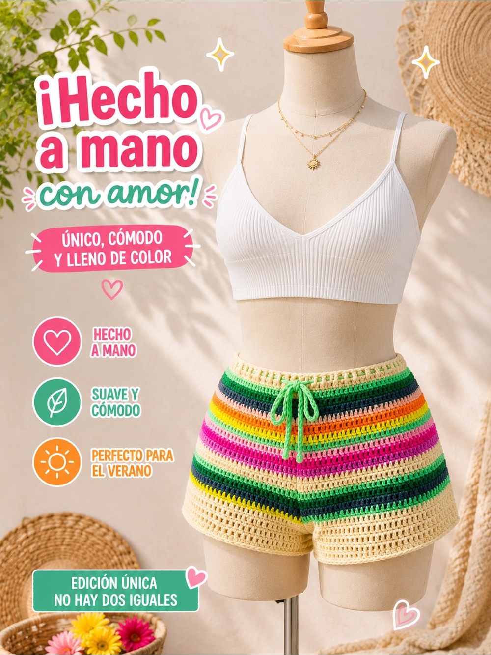 Handmade Multicolor Crochet Women’s Shorts - Summer Knit Shorts
